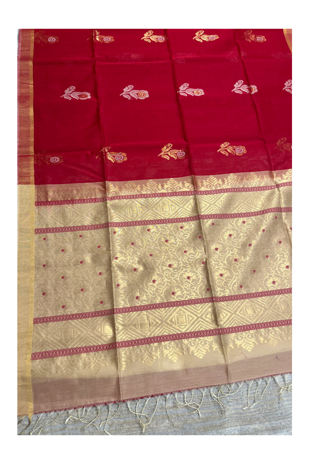 Southloom Pure Handloom Cotton Silk Saree With Handwoven Work Across Body and Blouse in Beige And Red