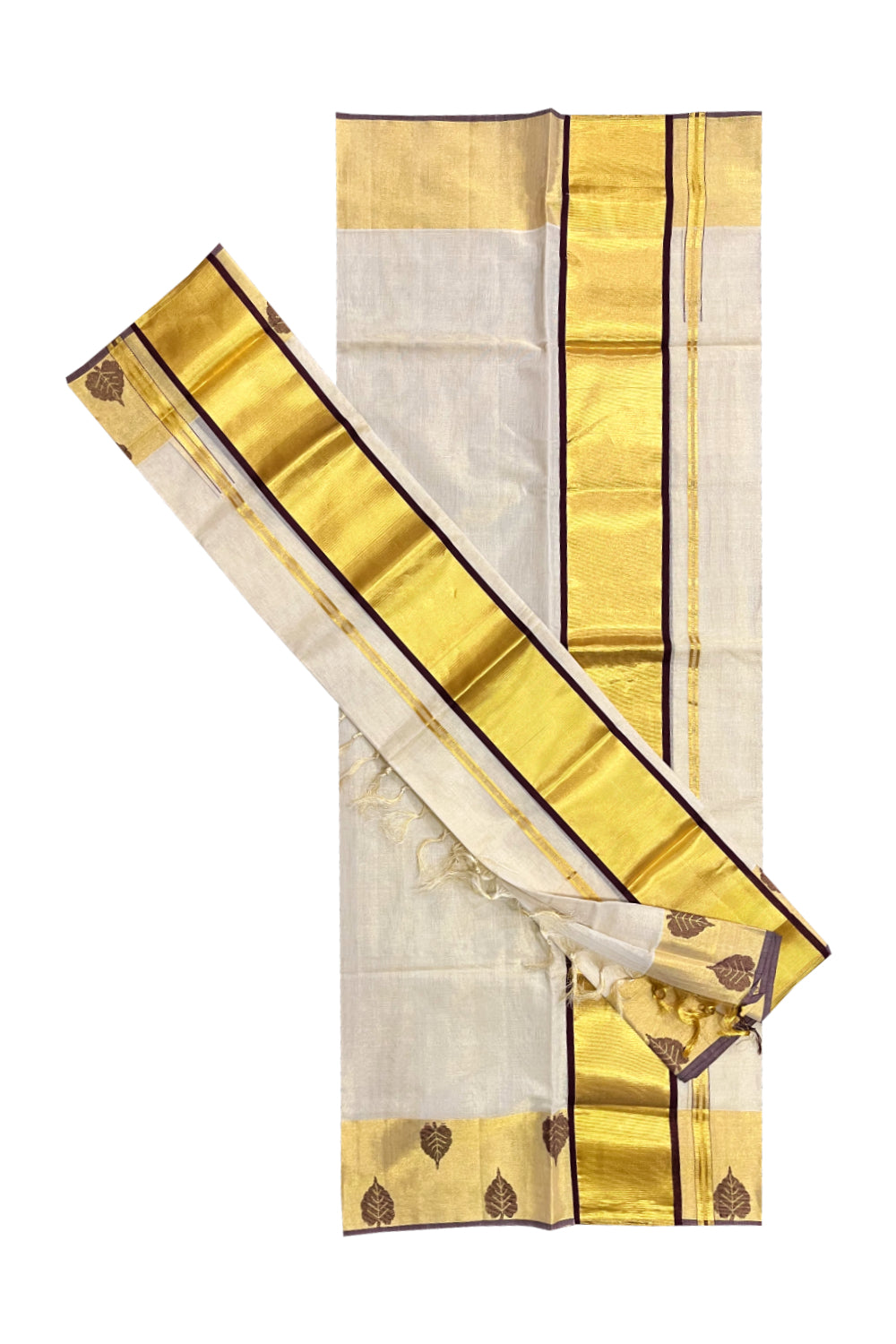 Southloom Handloom Premium Tissue Kasavu Set Mundu With Brown Leaf Woven Patterns (Mundum Neriyathum) 2.70 Mtrs