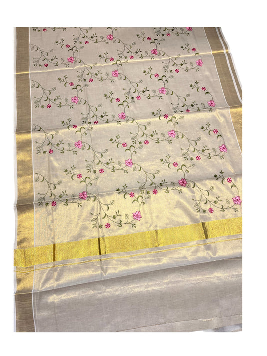 Southloom Kerala Tissue Kasavu Saree with Floral Print on Body and Border