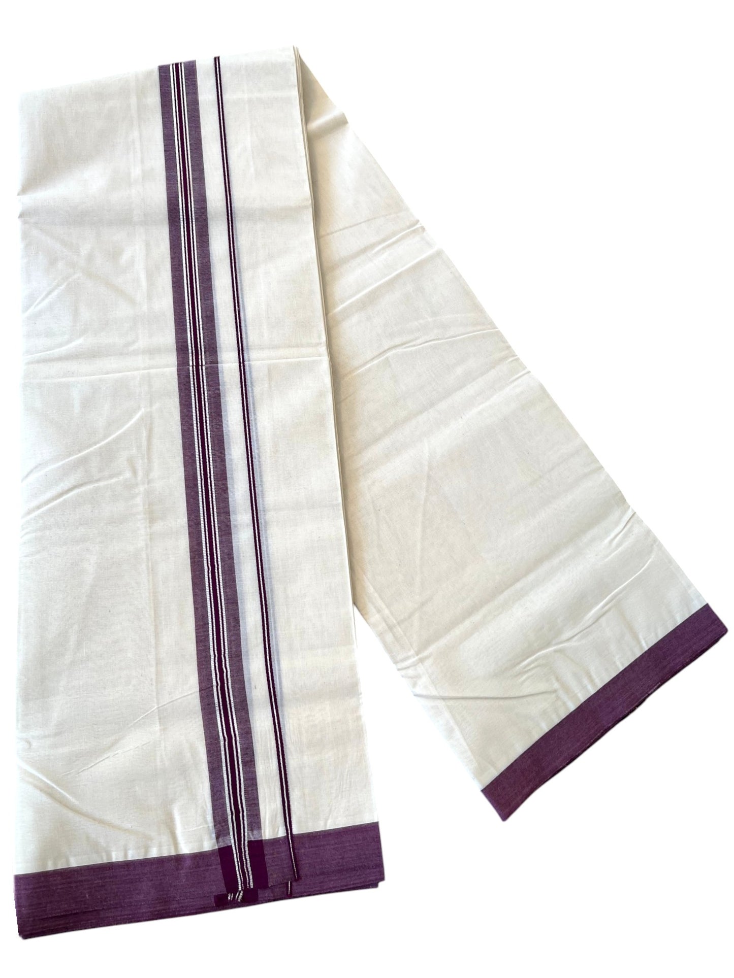 Southloom Pure Cotton Mundu with Silver Lines and Purple Border (South Indian Kerala Dhoti)