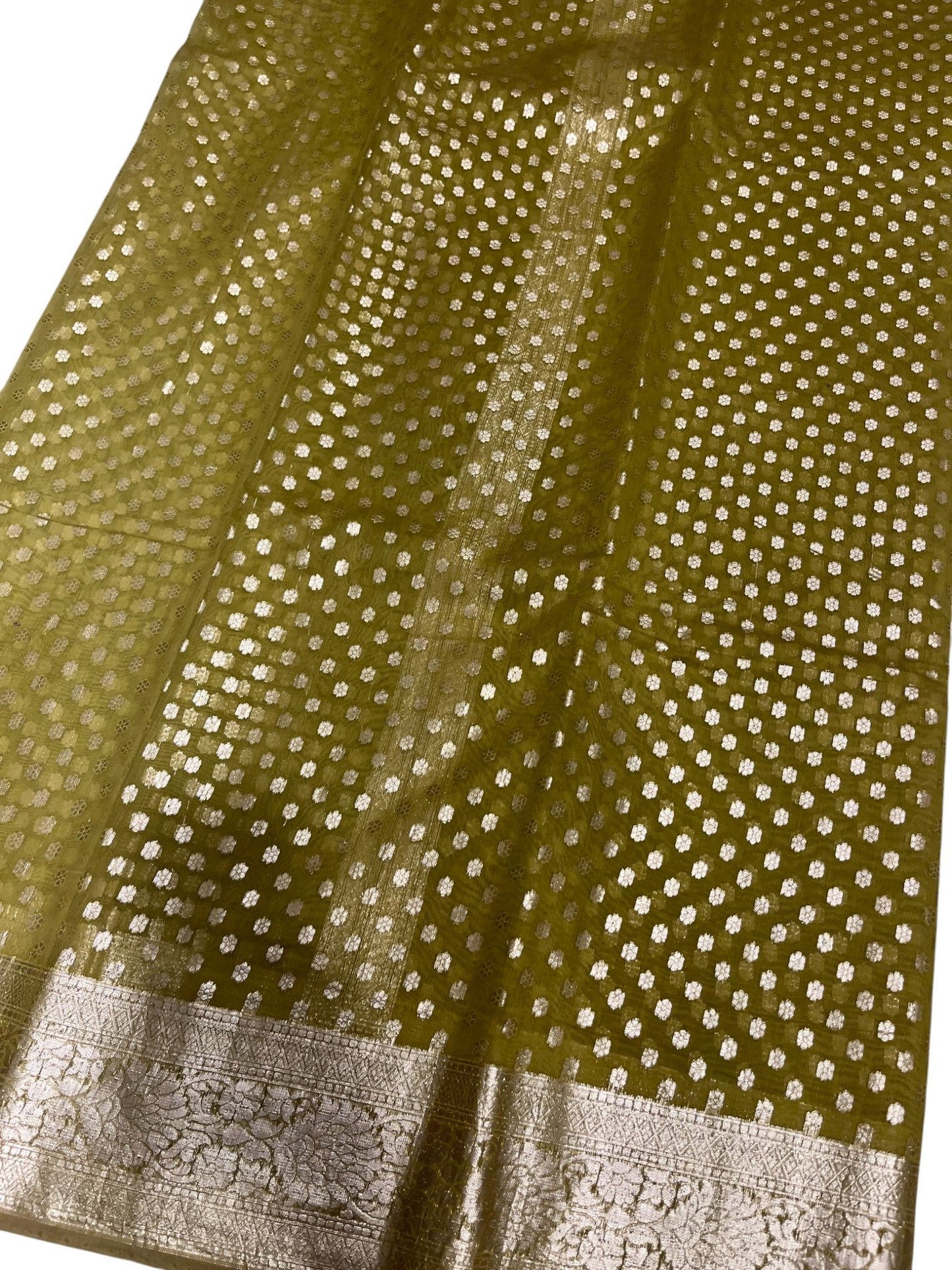 Southloom Cotton Banarasi Silk Saree with Woven Work on Body and Borders (Green)