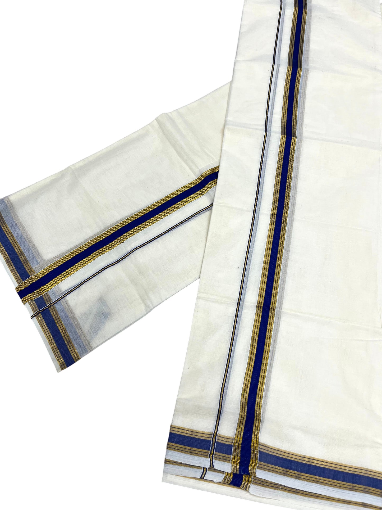 Southloom Pure Cotton Kerala Single Set Mundu (Mundum Neriyathum) with Blue Kasavu Border in 2.80 Mtrs