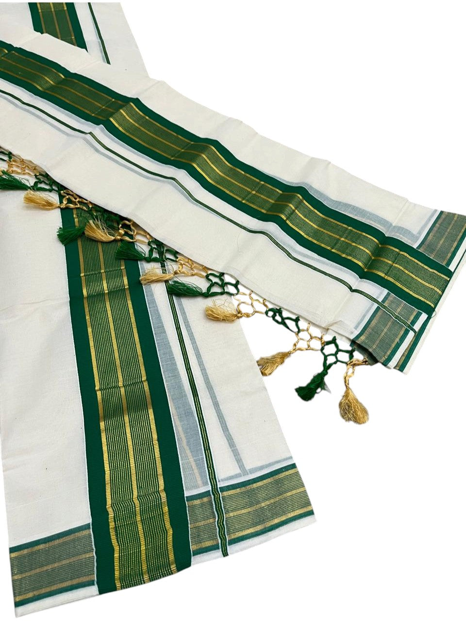 Southloom Kerala Cotton Kasavu Single Set Mundu (Mundum Neriyathum) with Green and Gold Kasavu Lines .SLKK SL518
