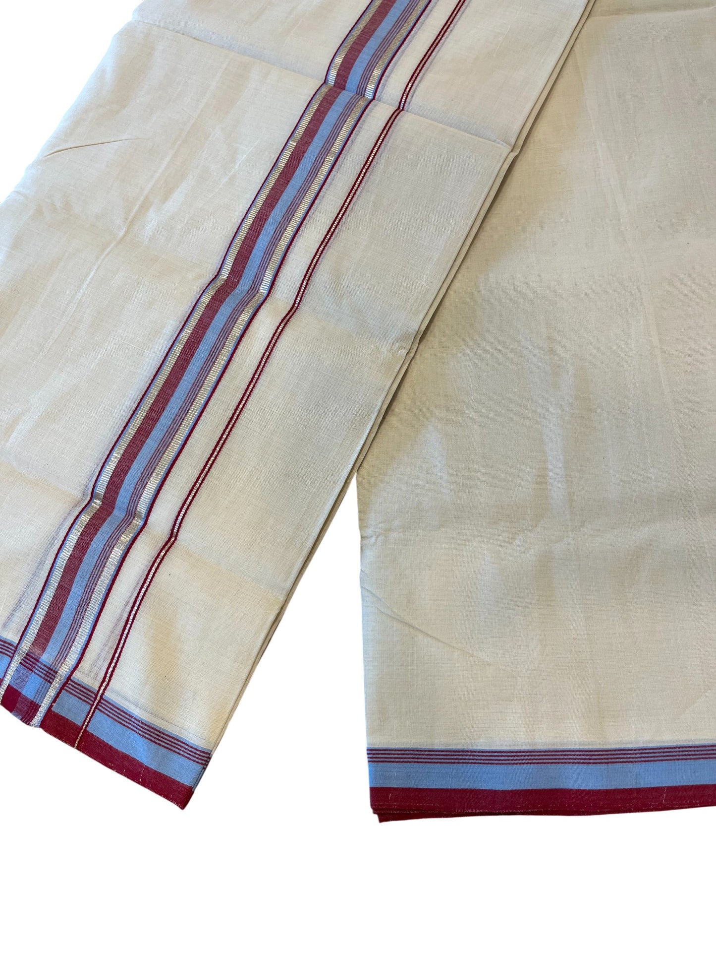 Southloom Premium Handloom Cotton Double Mundu with Red and Blue Border