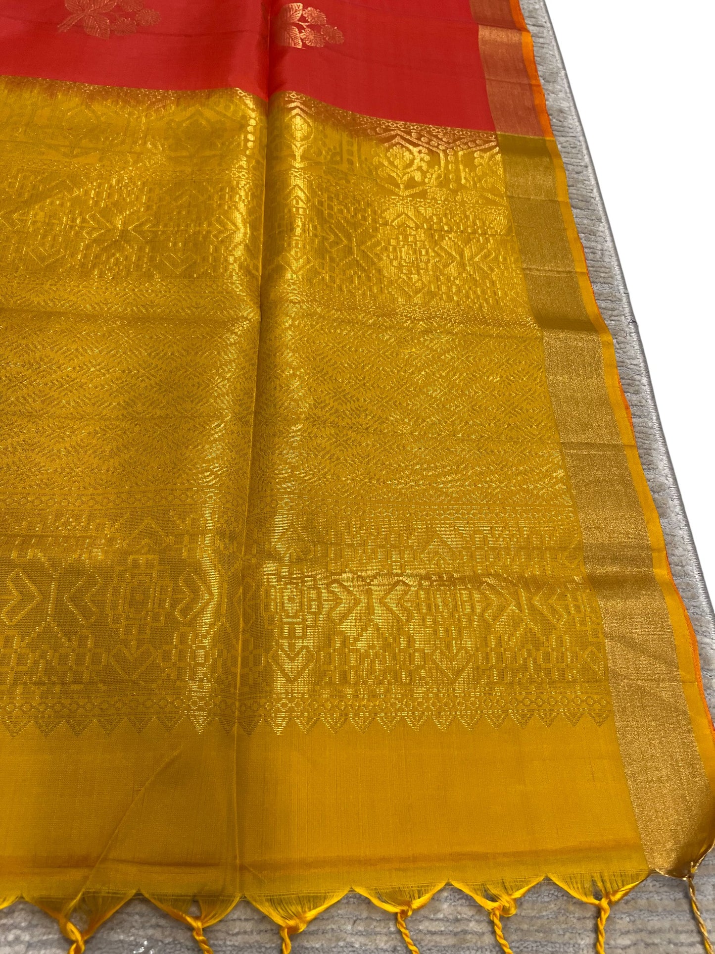 Southloom Pure Handloom Kanchipuram Silk Saree with Butta Work (Yellow & Orange)