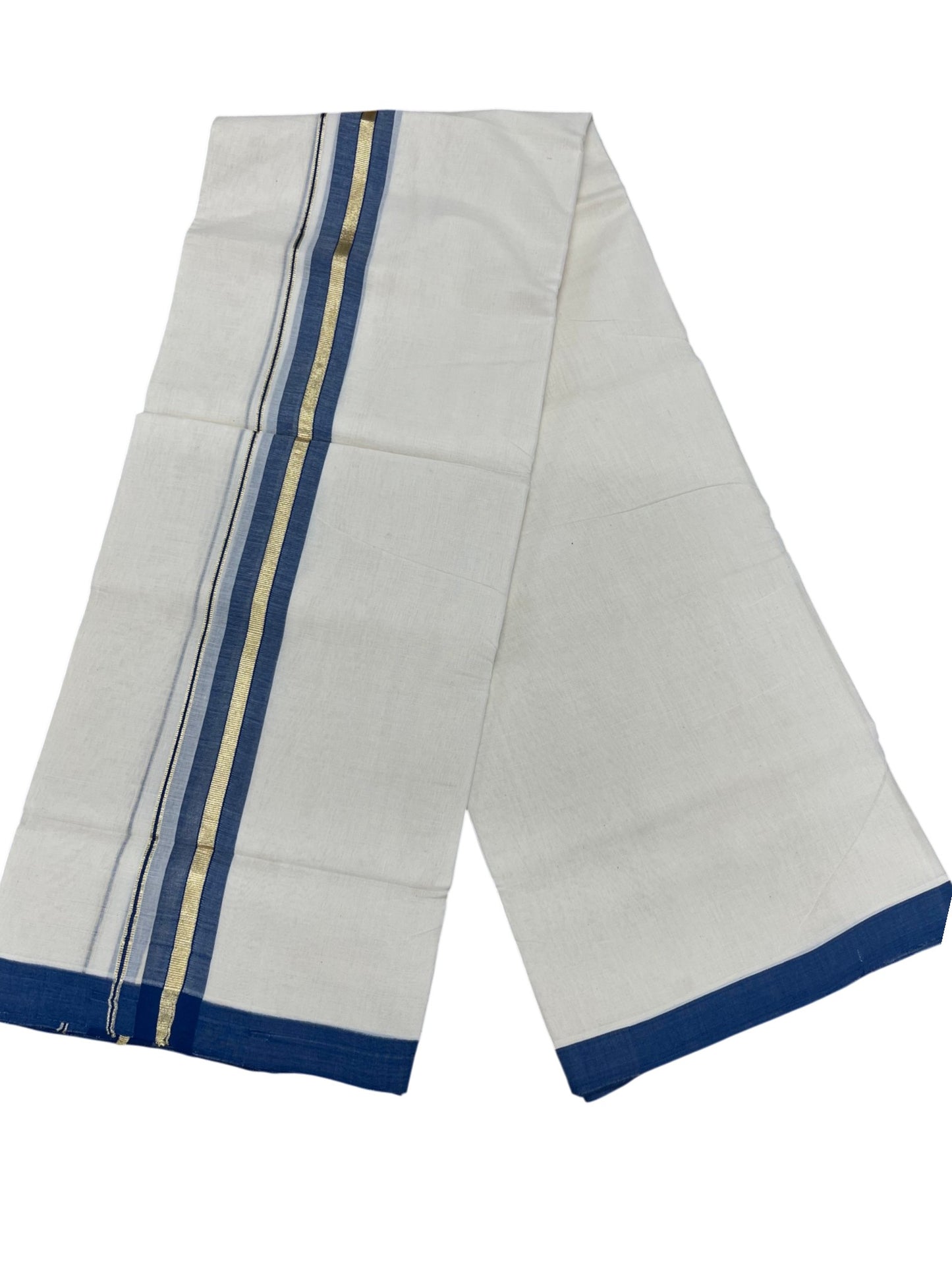 Southloom Balaramapuram Premium Handloom Cotton Double Mundu with Gold Kasavu and Blue Border
