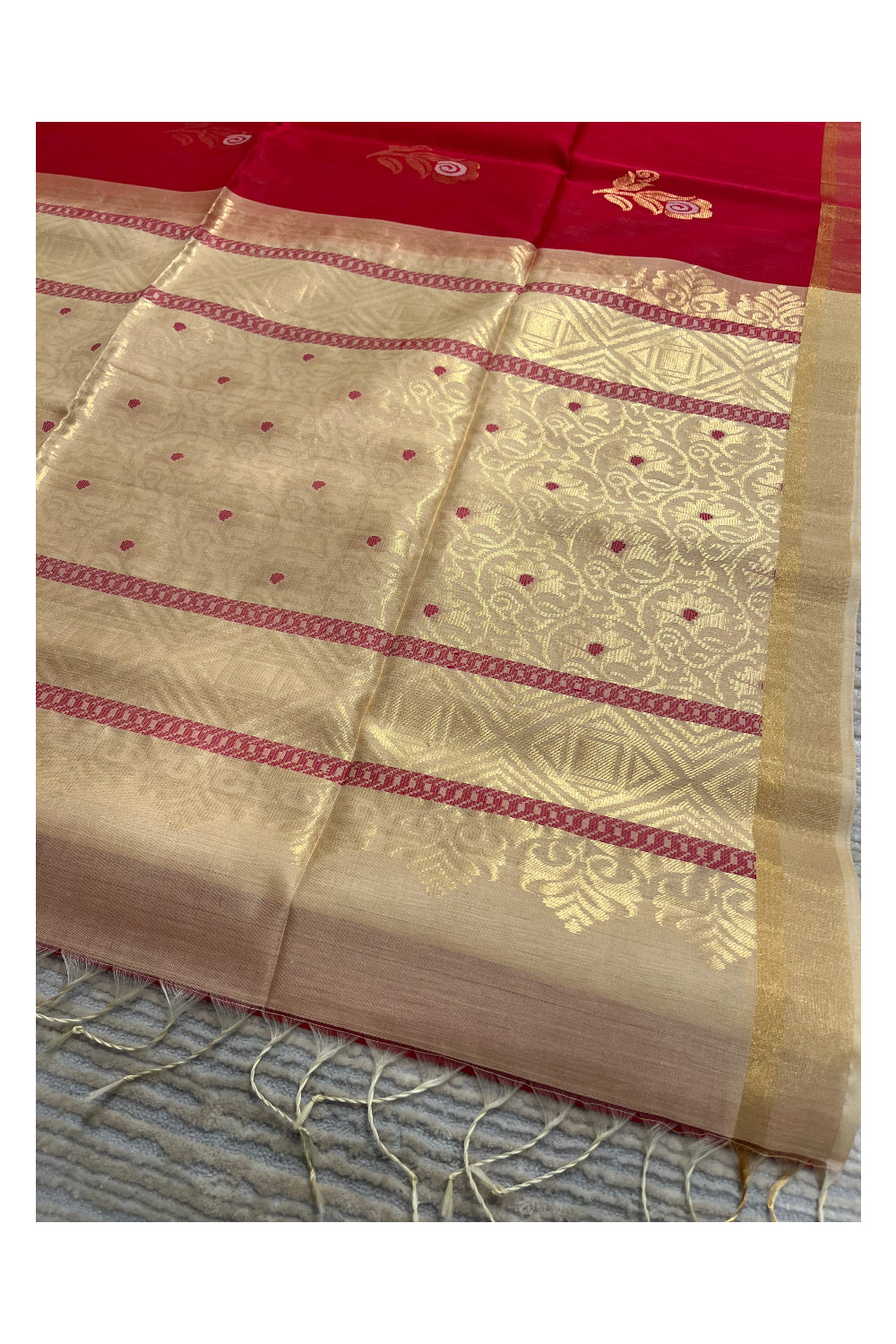 Southloom Pure Handloom Cotton Silk Saree With Handwoven Work Across Body and Blouse in Beige And Red