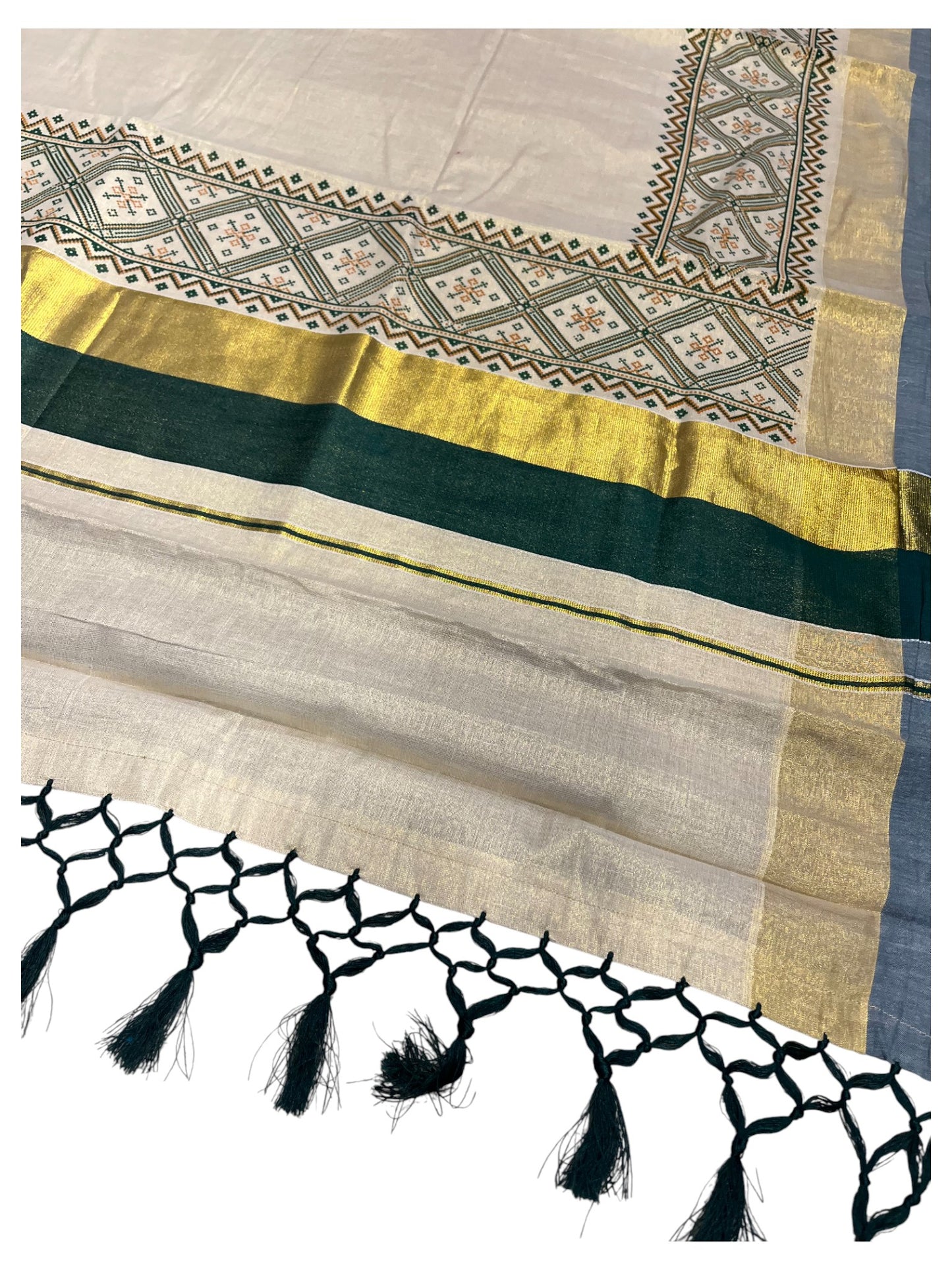 Southloom Kerala Tissue Kasavu Saree Green Hand Printed