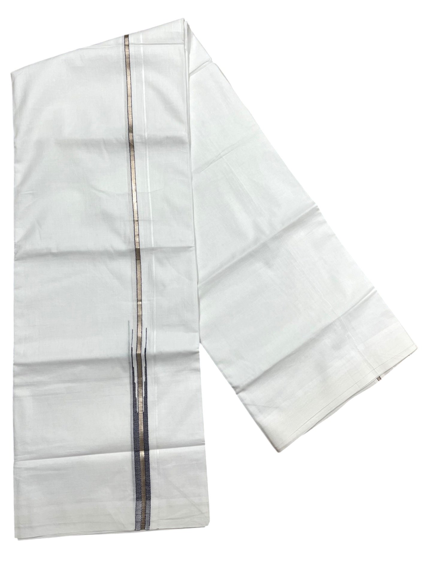 Pure White Cotton Double Mundu with Silver and Blue Chutti Kara (South Indian Dhoti)