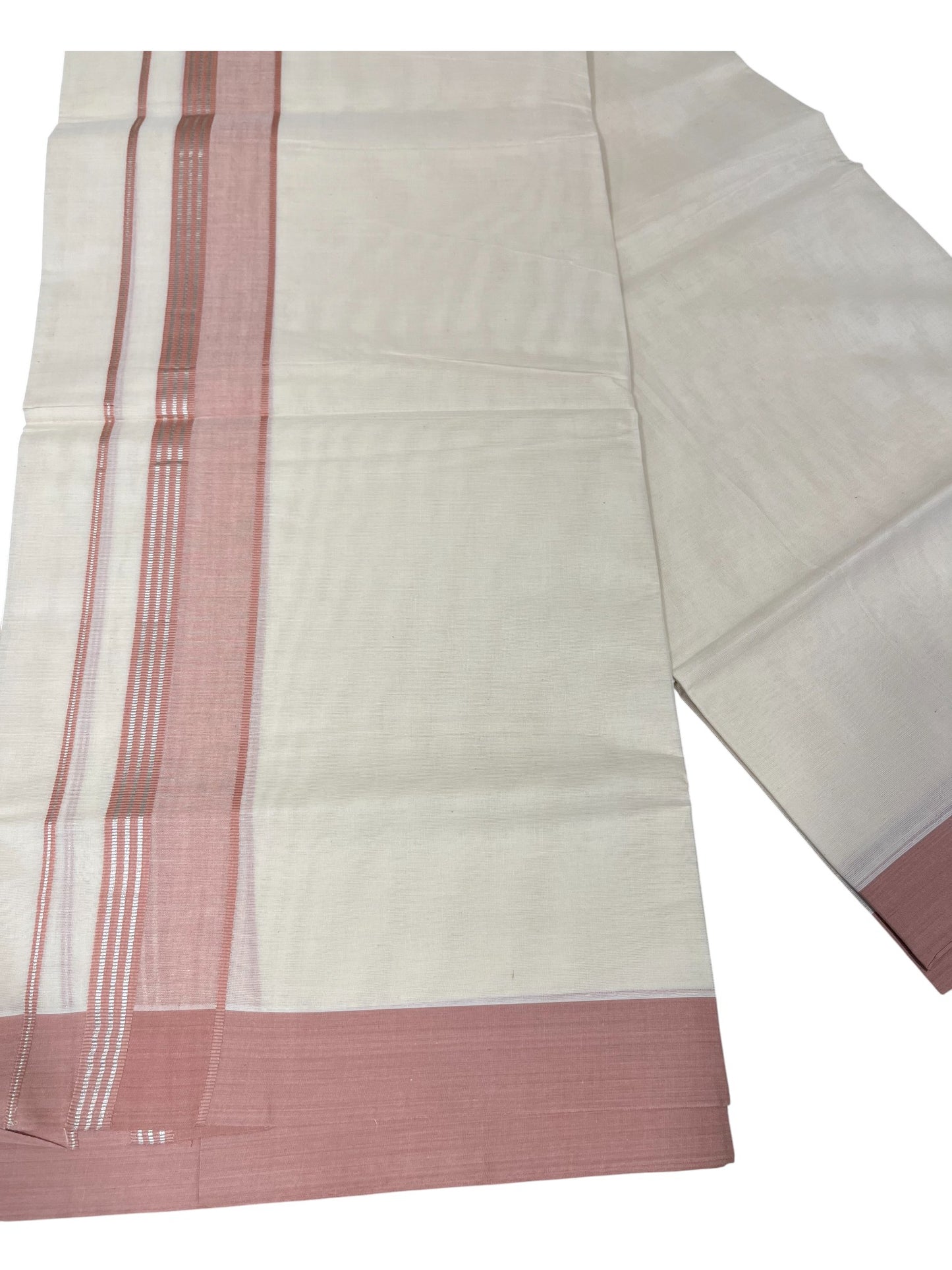 Southloom Kerala Pure Cotton Double Mundu with Peach And Silver Lines Border (South Indian Dhoti)