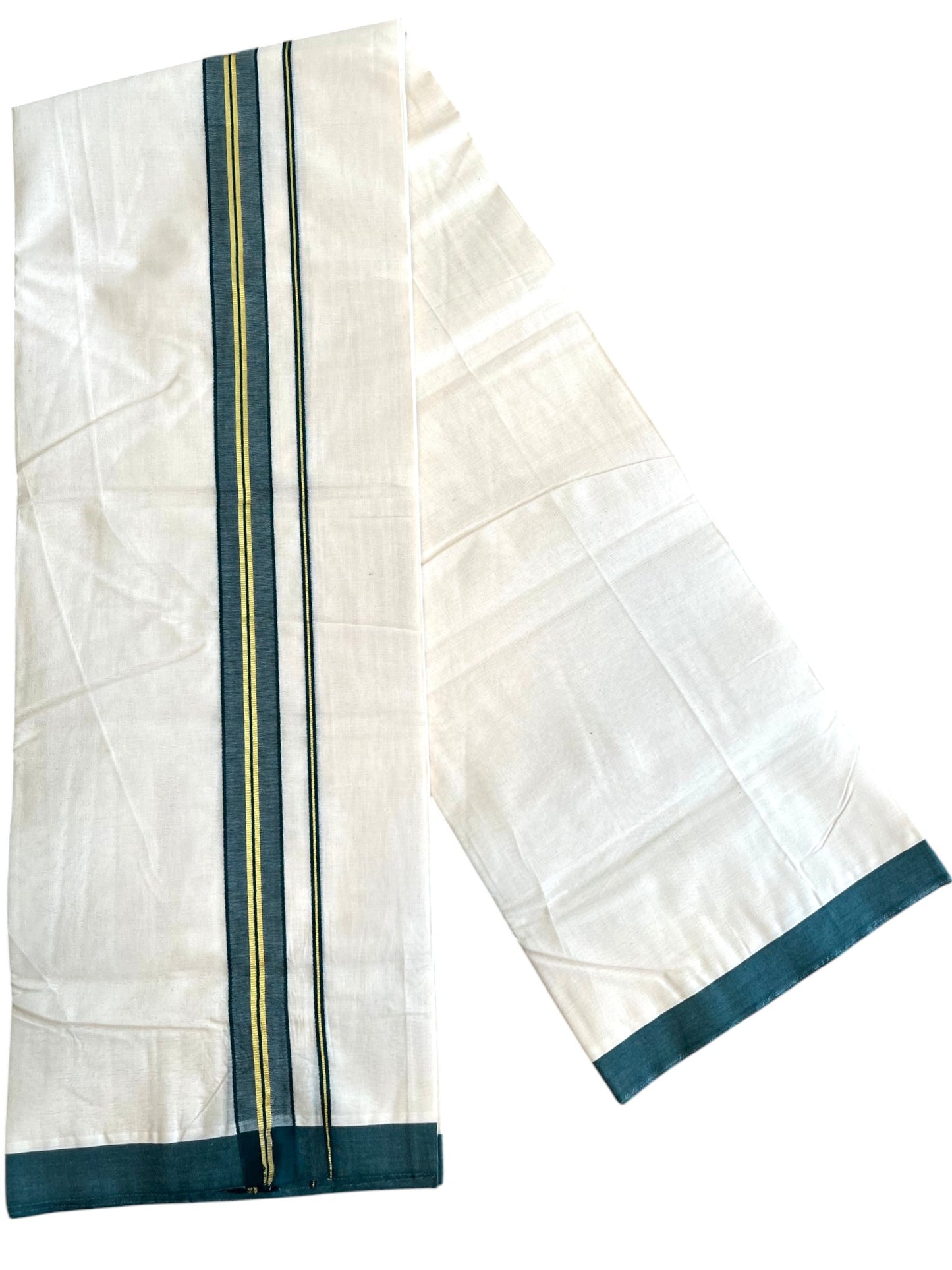 Southloom Pure Cotton Mundu with Golden Lines and Peacock Green Border (South Indian Kerala Dhoti)