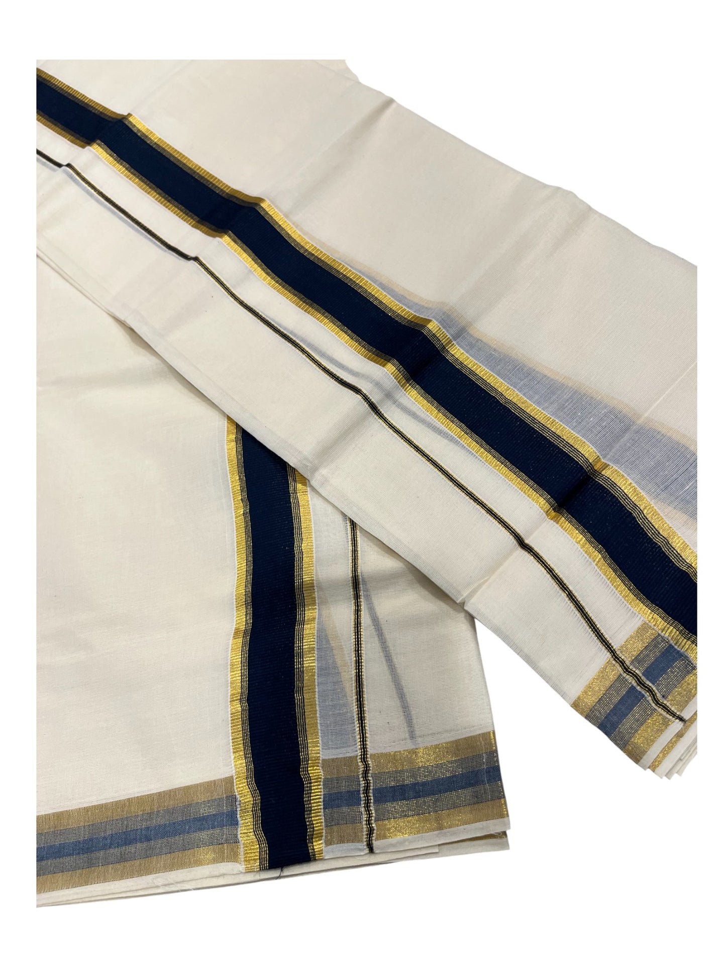 Kerala Cotton Set Mundu (Mundum Neriyathum) with Kasavu and Blue Border