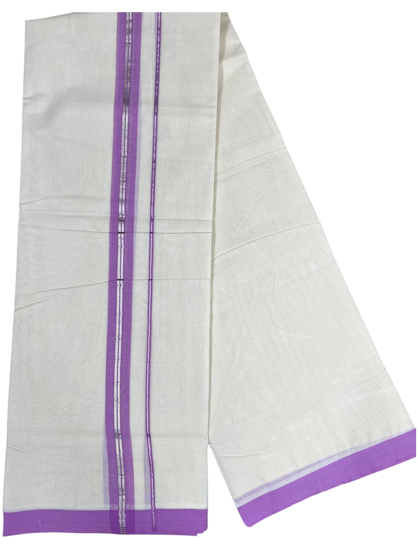 Southloom Pure Cotton Mundu with Silver Lines and Lavander Border (South Indian Kerala Dhoti)