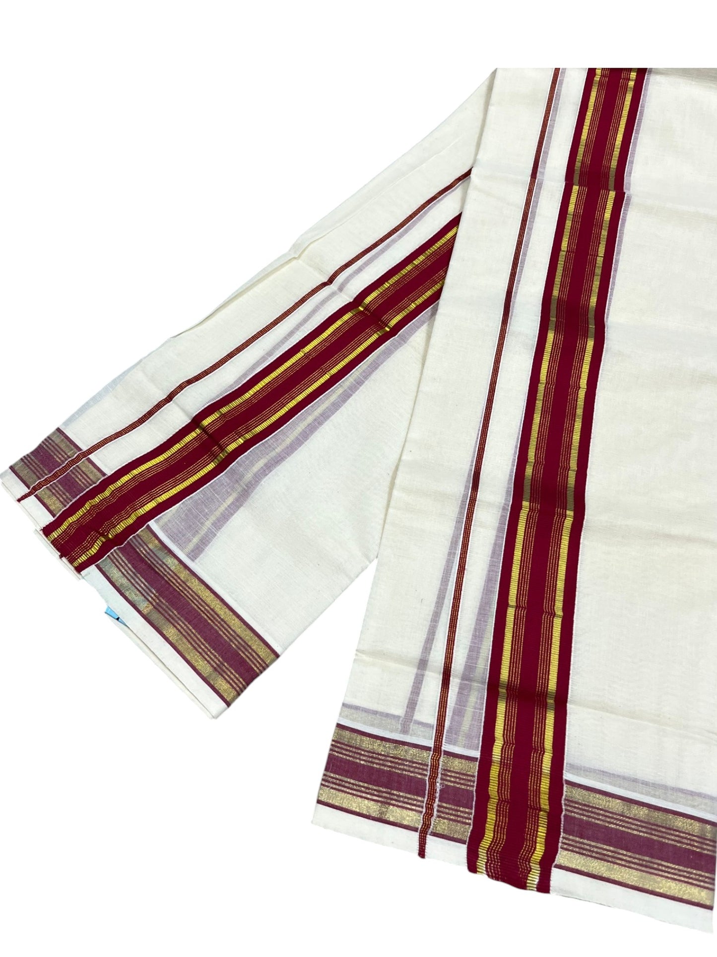 Southloom Kerala Cotton Kasavu Single Set Mundu (Mundum Neriyathum) with Maroon Kasavu Border SLKK