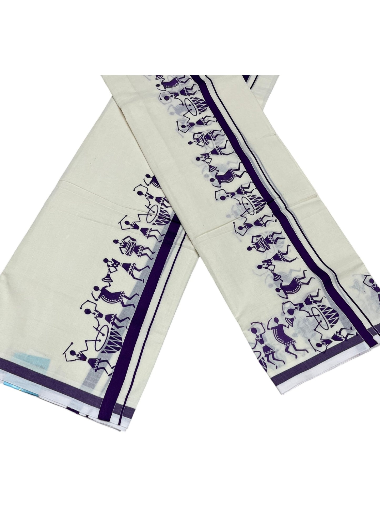 Southloom Pure Cotton Kerala Single Warly Print Set Mundu (Mundum Neriyathum) Violet Border in 2.50 mtrs SL246