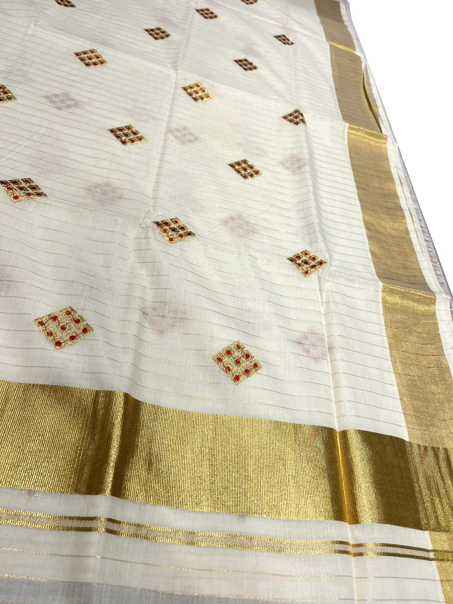 Kerala Cotton Kasavu Stripes Saree with Floral Embroidery Design on Body