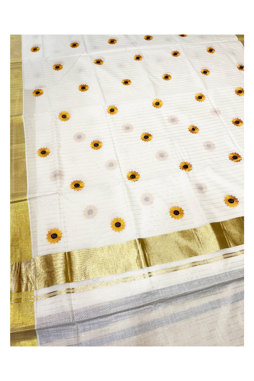 Southloom Kerala Cotton Kasavu Lines Saree with Yellow Floral Embroidery Works on Body