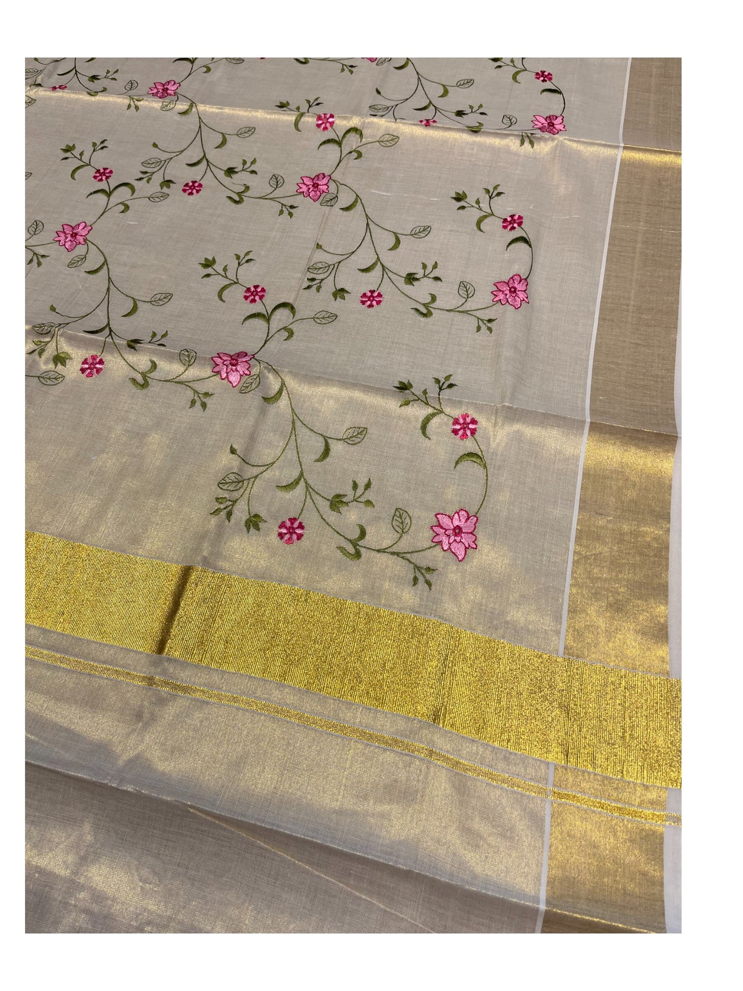 Southloom Kerala Tissue Kasavu Saree with Floral Print on Body and Border