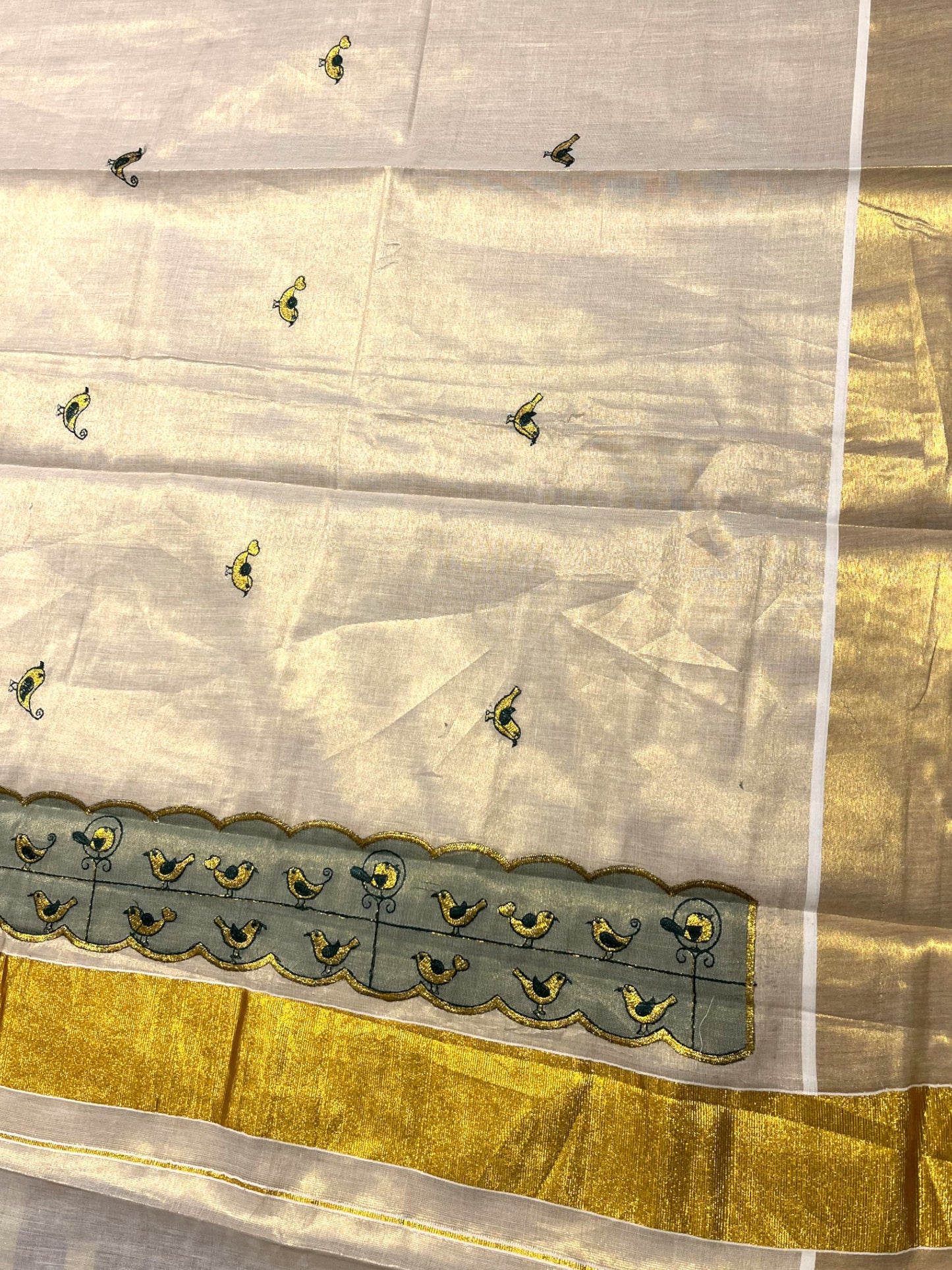 Southloom Tissue Kerala Kasavu Saree with Embroidery Design