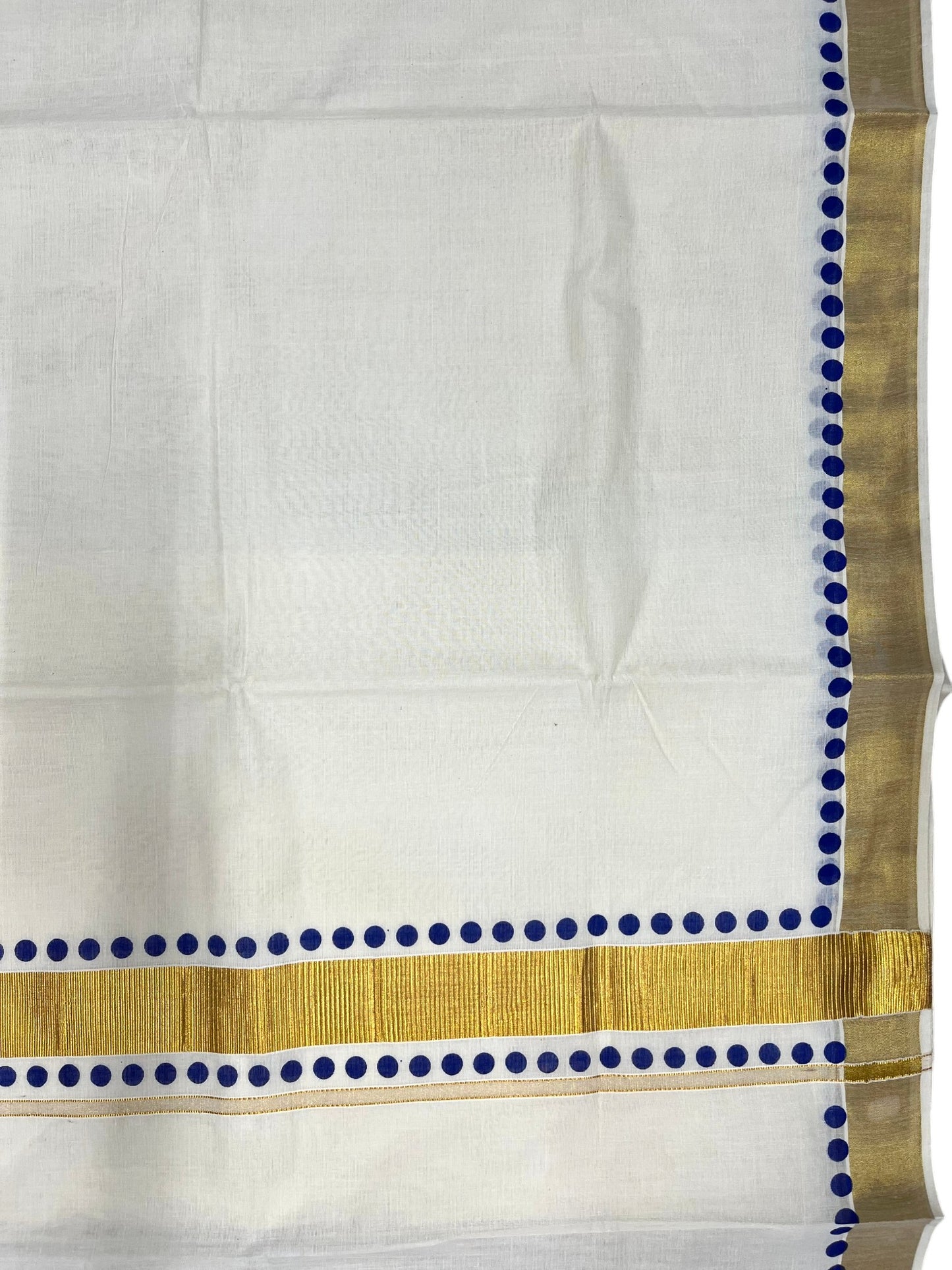 Southloom Cotton Kerala Kasavu Saree with Blue Polk Dots Design Border