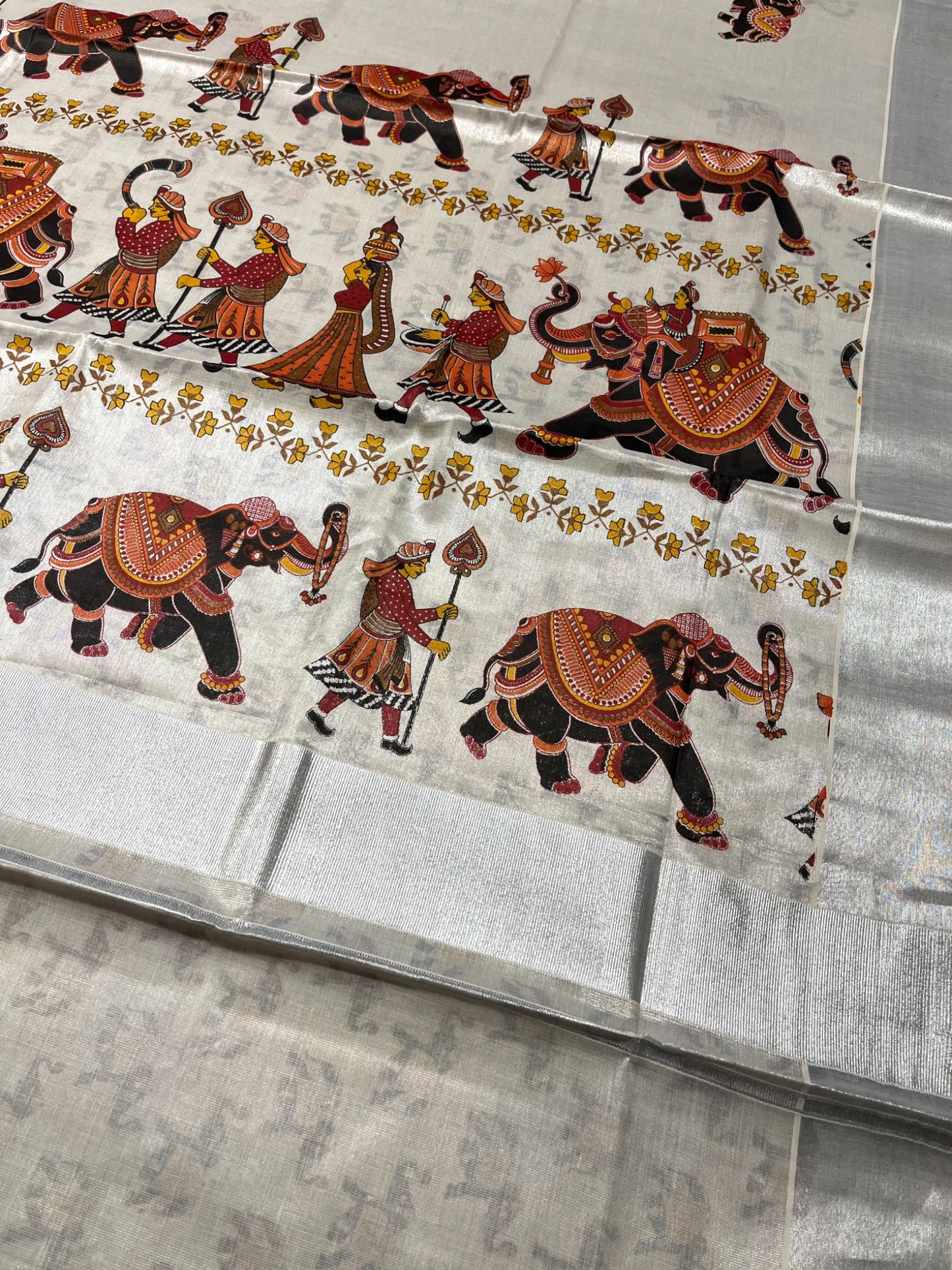 Southloom Kerala Tissue Silver Kasavu Saree With Mural Festival Parasol and Elephant Design