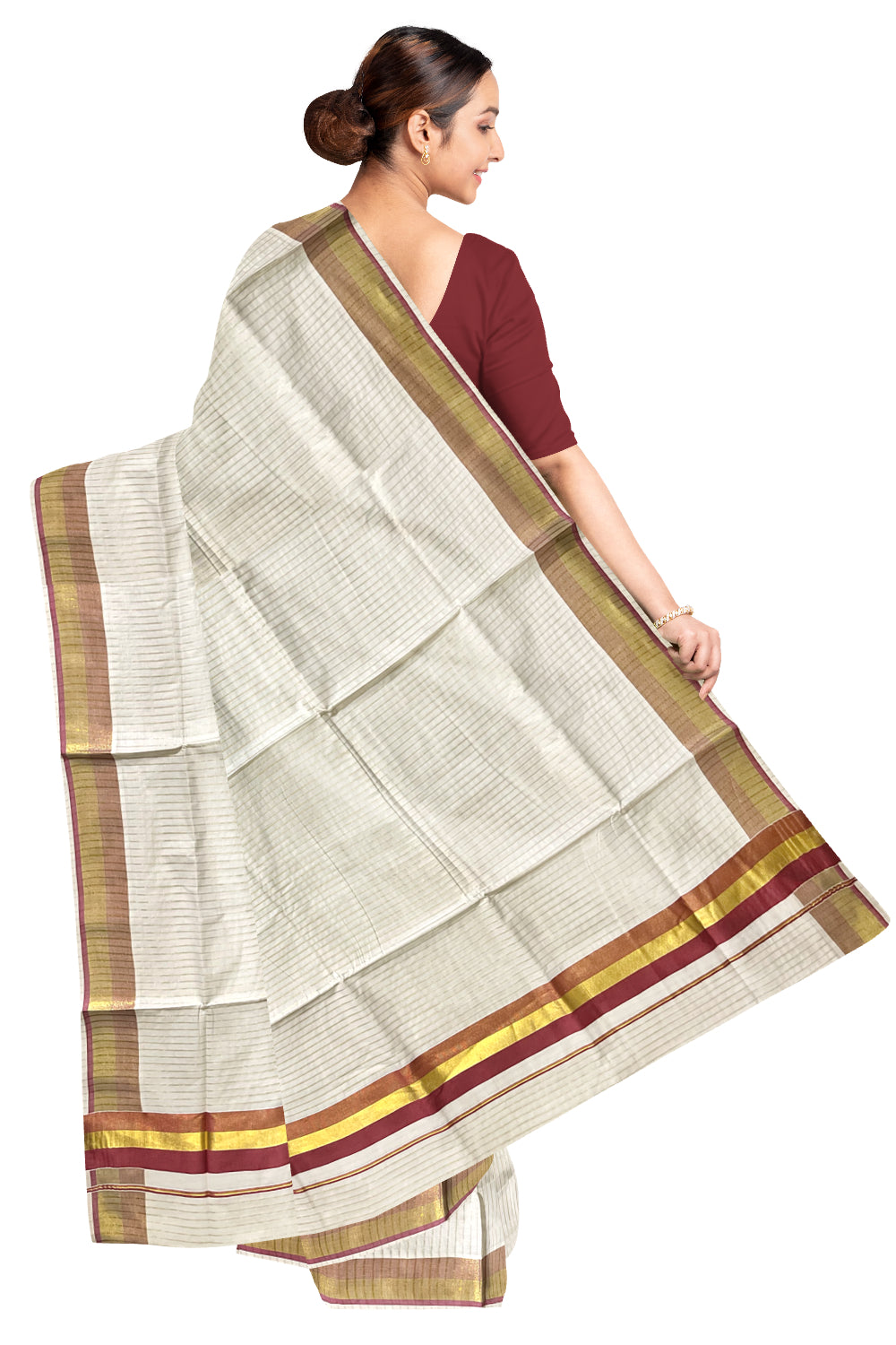 Pure Cotton Kerala Kasavu Lines Design Saree with Red Border
