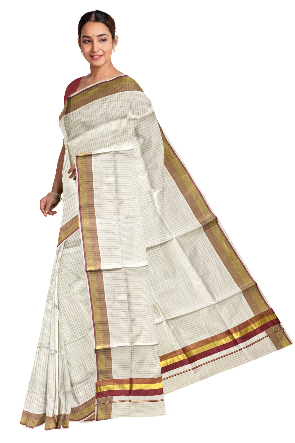 Pure Cotton Kerala Kasavu Lines Design Saree with Red Border