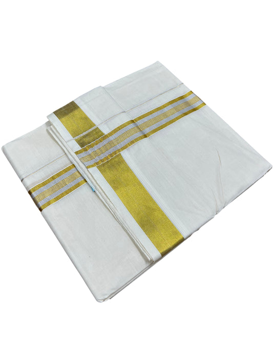 Pure Cotton Off White Double Mundu with Silver and Gold Kasavu Lines Kara (South Indian Kerala Dhoti)
