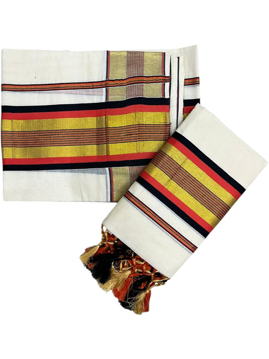 Southloom Kerala Cotton Kasavu Single Set Mundu (Mundum Neriyathum) with Orange and Gold Kasavu Lines .SLKK SL518