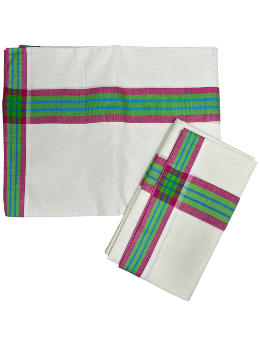 Southloom Kerala Mulloth Cotton Single Mundum Neriyathum with Pink and Green Border