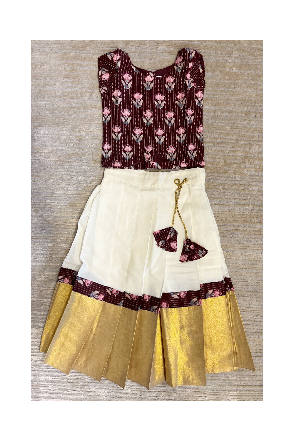 Southloom Kerala Maroon And Cottan Kasave Pavada Blouse with Bead Work for Kids (Age 1 - 10)