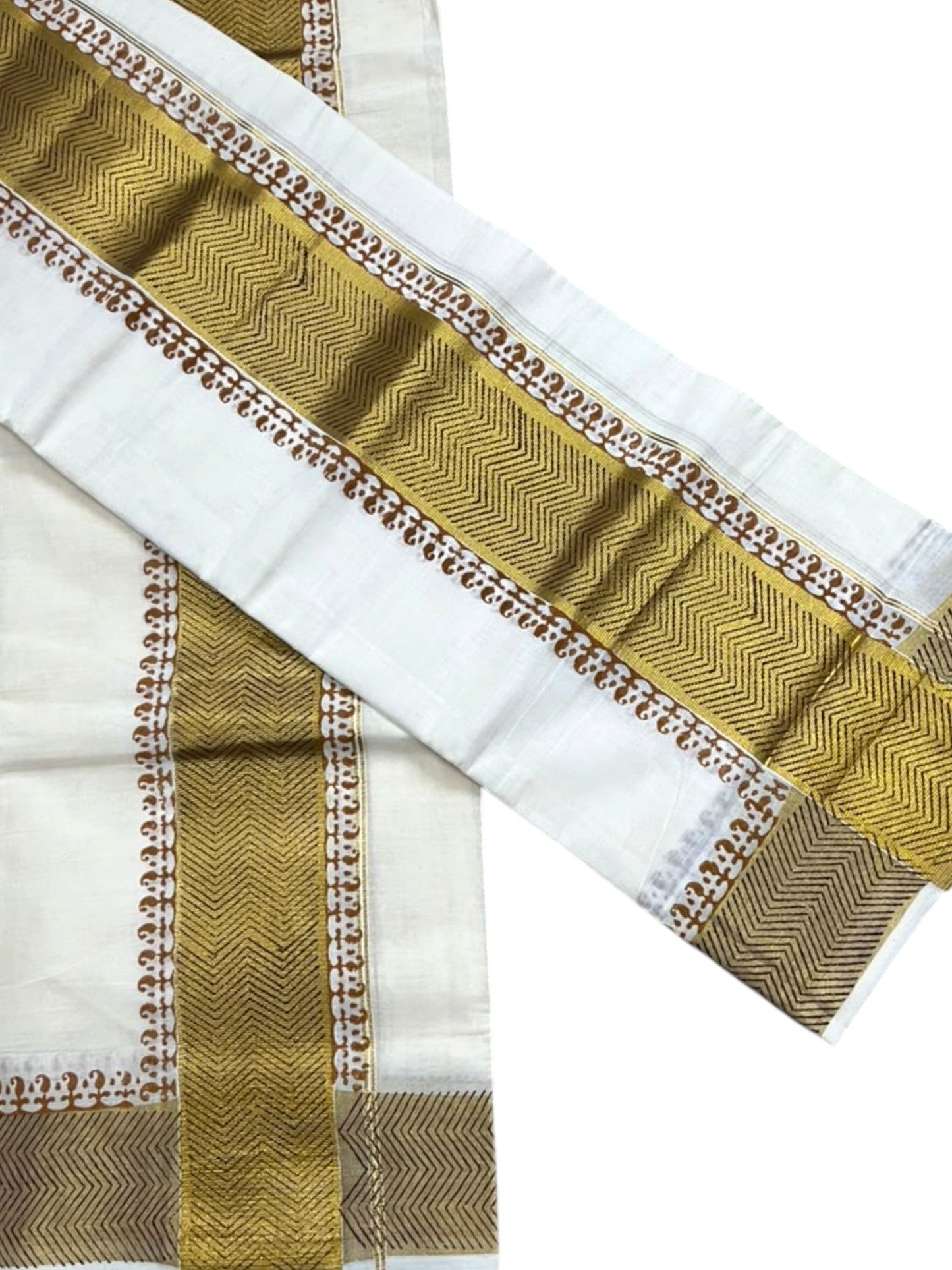 Southloom Pure Cotton Set Mundu with Gold Kasavu and Digital Print in Mustard Yellow 2.80 Mtrs SL374