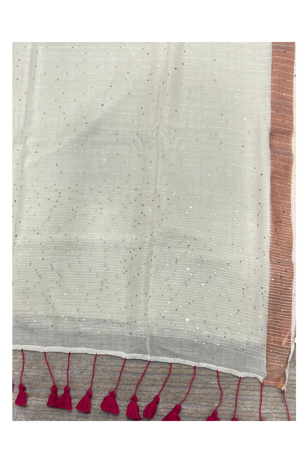 Southloom Mul Cotton 120 x 120 Soft Fabric Onam Saree in White with Sequins Work