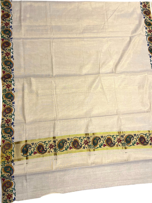 Southloom Tissue Kerala Kasavu Saree with Floral Print on Border