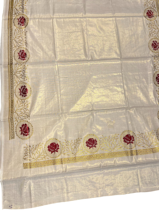 Southloom Kerala Tissue Kasavu Plain Saree with Red Floral Embroidery Works