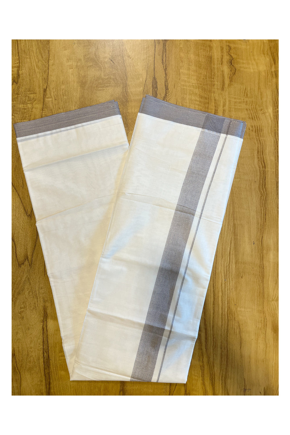 Pure Cotton Mundu with Grey Lines and Grey Border (South Indian Kerala Dhoti)