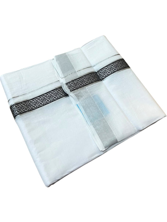 Southloom Pure White Cotton Mundu with Black and Silver Kasavu Border (South Indian Kerala Dhoti)