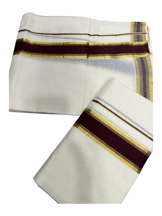 Kerala Cotton Set Mundu (Mundum Neriyathum) with Kasavu and Brown Border