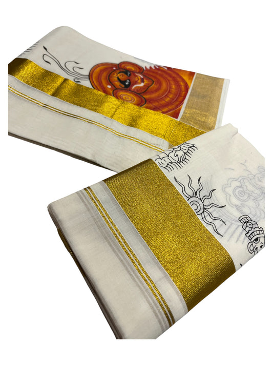 Southloom Kerala Cotton Set Mundu (Mundum Neriyathum) with Theyyam Printed Design