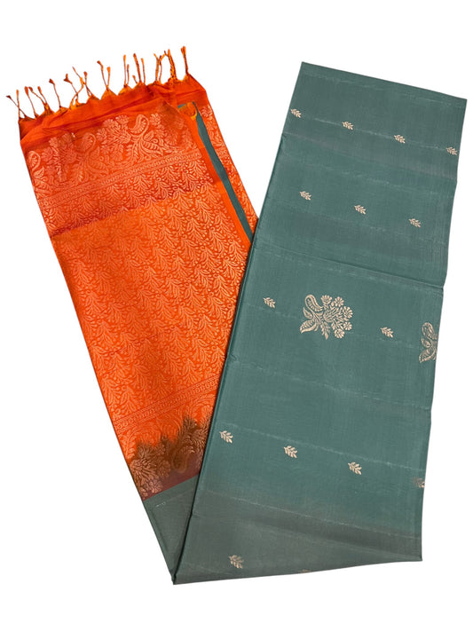 Southloom Pure Handloom Kanchipuram Silk Saree with Korvai Work (Orange & Blue)