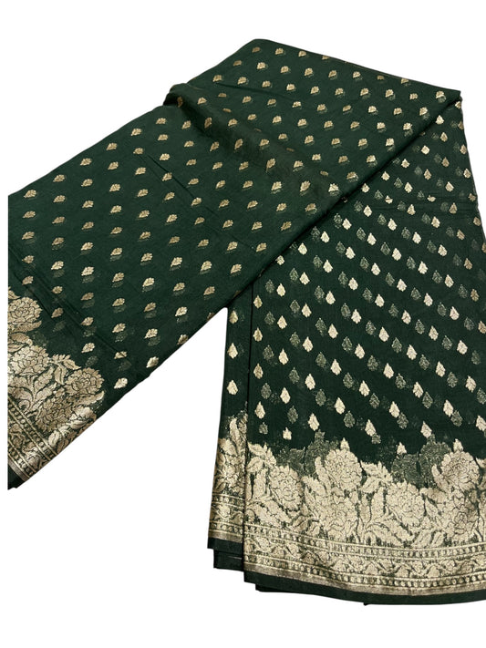 Southloom Cotton Banarasi Silk Saree with Woven Work on Body and Borders (Green)