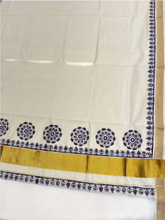 Southloom Cotton Kerala Kasavu Saree with Brown and Blue Block Prints On Border