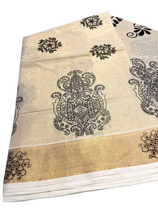 Kerala Tissue Kasavu Saree with Black Floral Block Printed Designs