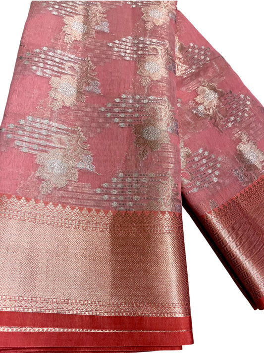 Southloom Tissue Banarasi Silk Saree with Woven Work on Body and Borders (Peach)