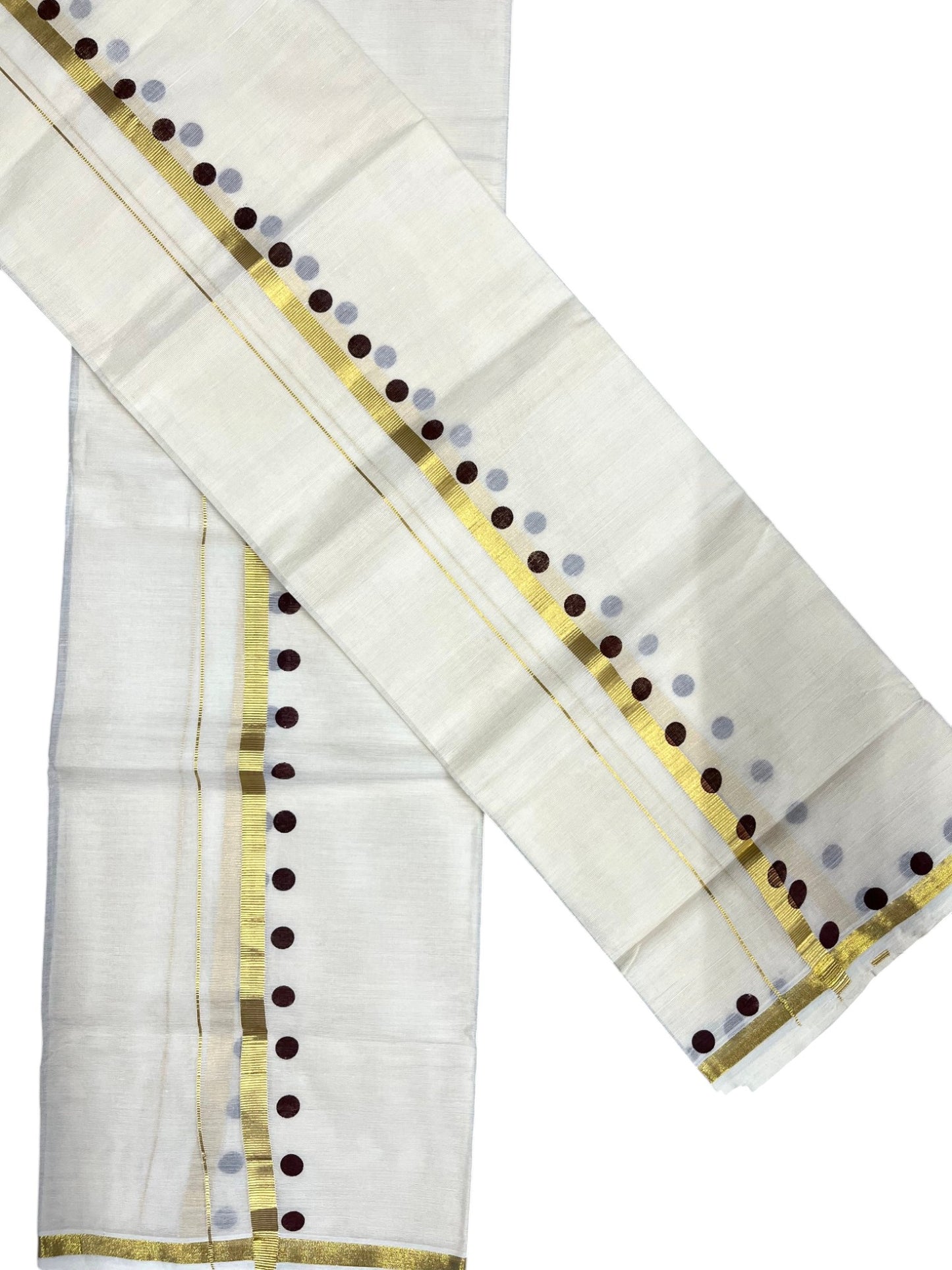 Southloom Pure Cotton Kerala Single Set Mundu (Mundum Neriyathum) with Polka Dots in Brown 2.80 Mtrs