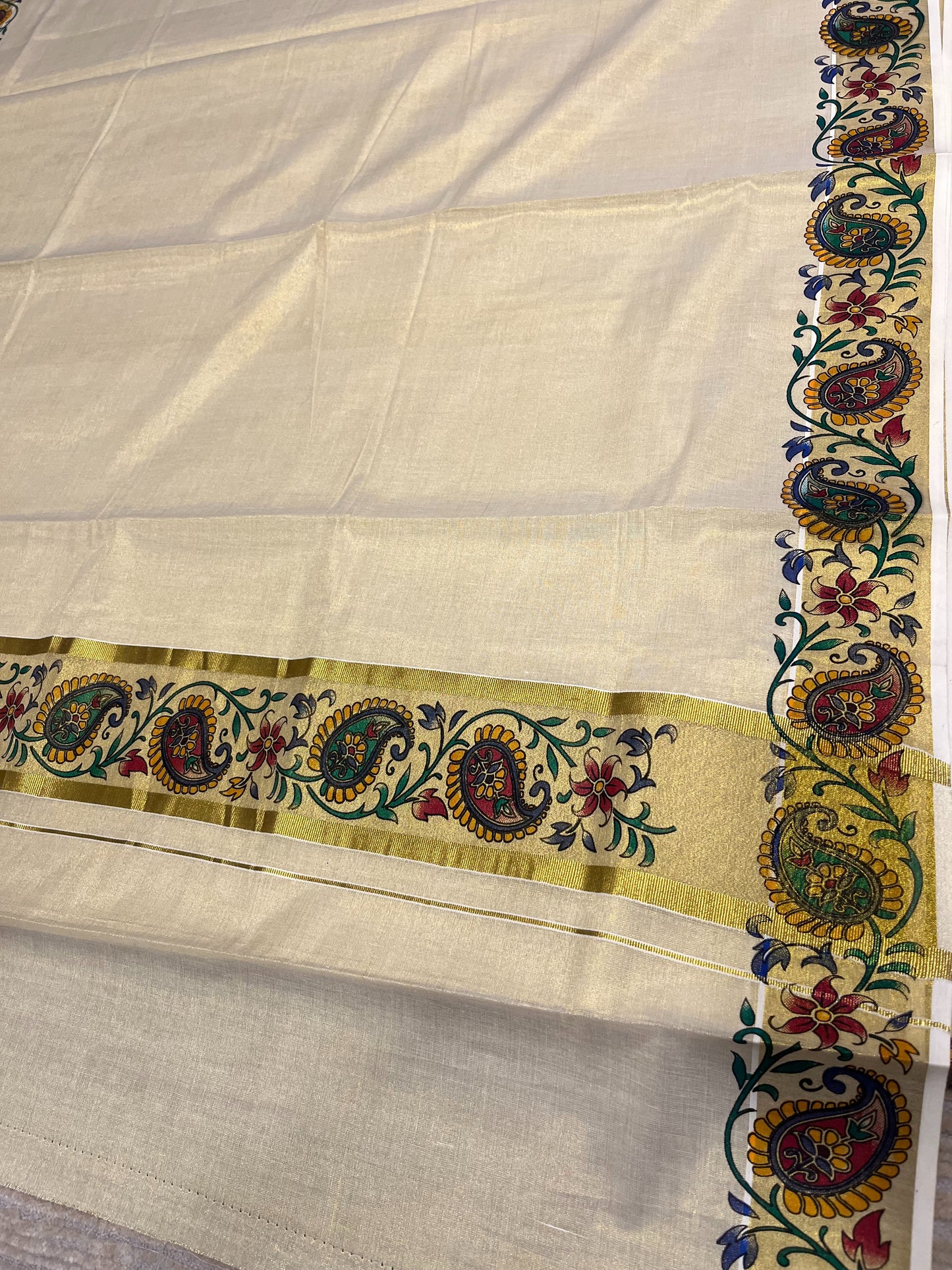 Southloom Tissue Kerala Kasavu Saree with Floral Print on Border