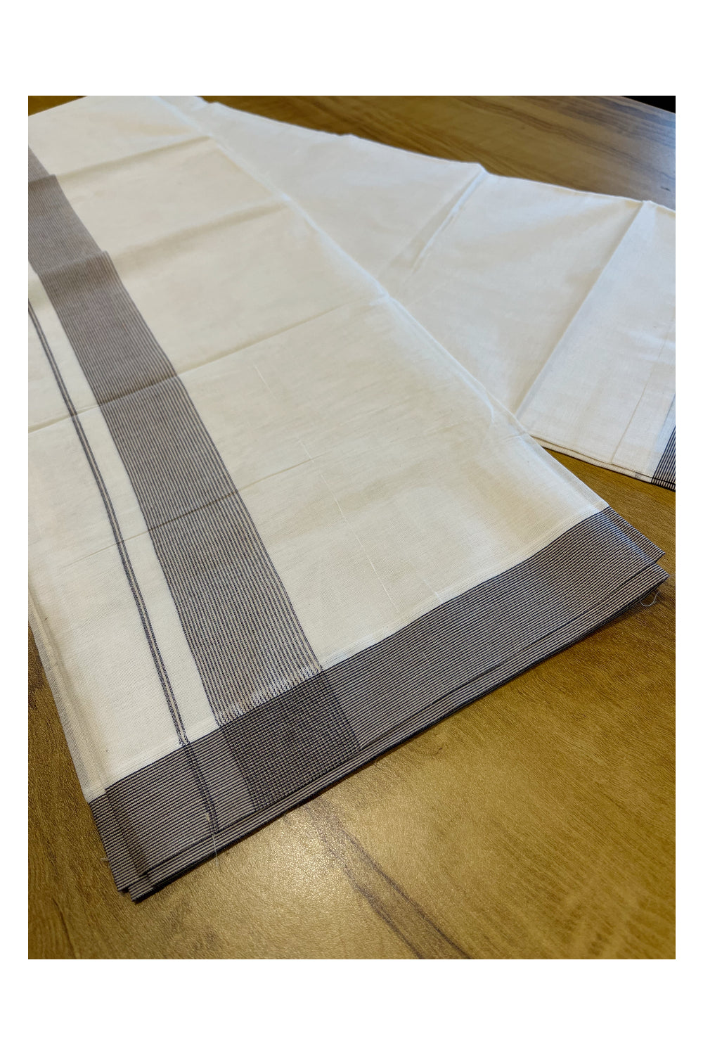 Pure Cotton Mundu with Grey Lines and Grey Border (South Indian Kerala Dhoti)