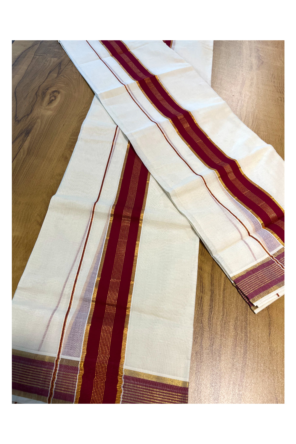 Kerala Cotton Set Mundu (Mundum Neriyathum) with Kasavu and Maroon Border