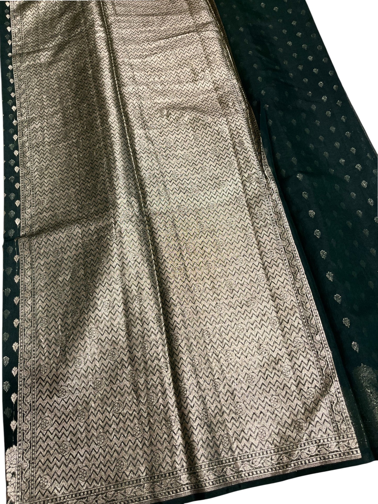Southloom Cotton Banarasi Silk Saree with Woven Work on Body and Borders (Green)