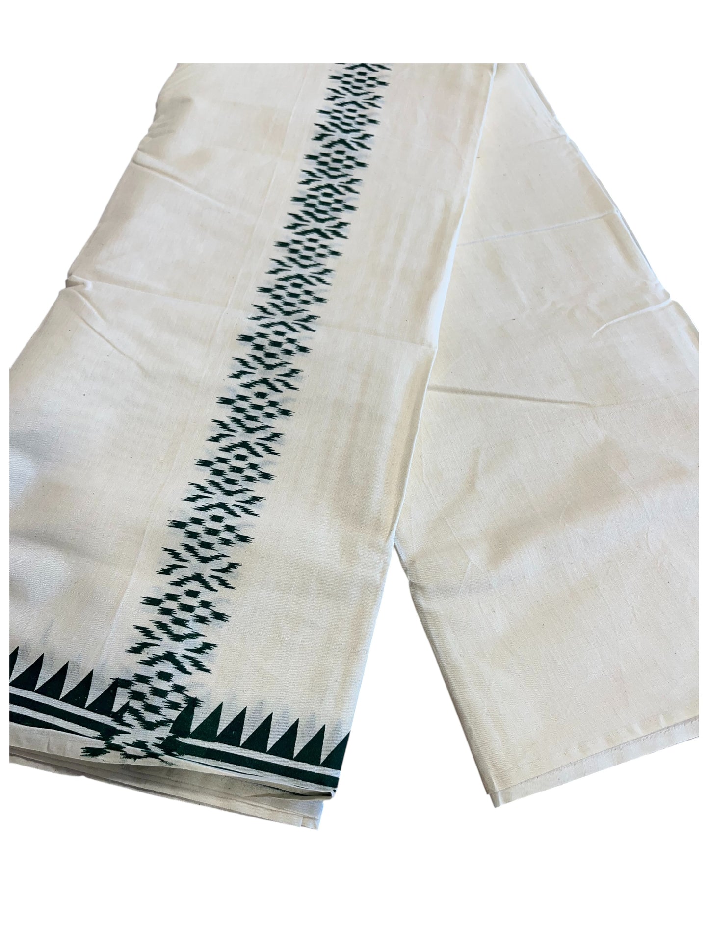 Southloom Pure Cotton Mundu with Ikat Design Green print (South Indian Kerala Dhoti)